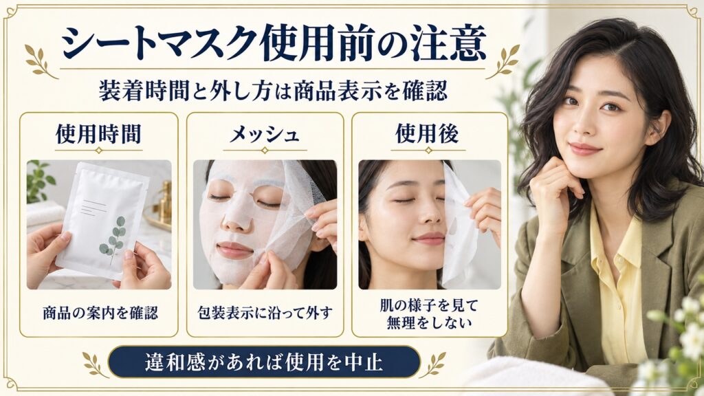 シートマスクの装着時間やメッシュの扱いを商品の表示で確認する美容解説ボード