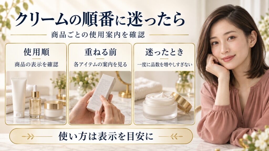 クリームを使う順番に迷ったとき商品の表示や各アイテムの案内を確認する解説ボード