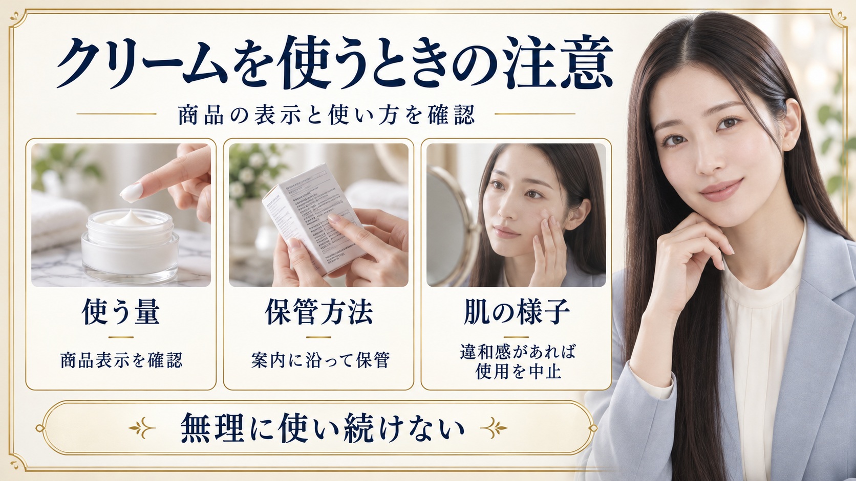 クリームの使用量、保管方法、肌の様子を商品表示で確認する美容解説ボード