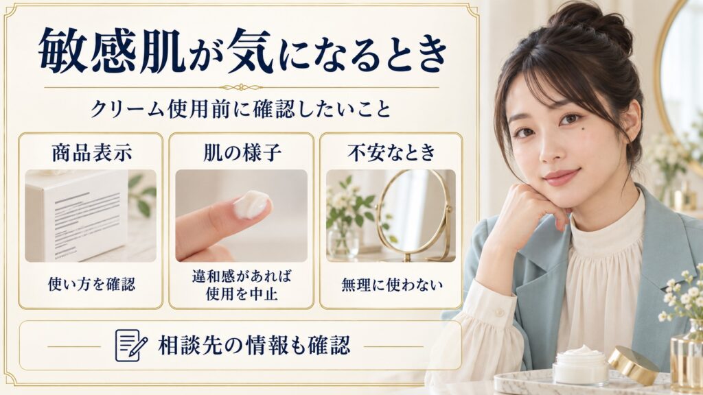 敏感肌が気になるとき、クリームの表示や肌の様子、相談先を確認する美容解説ボード