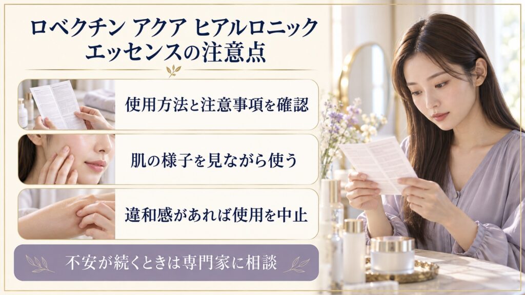 ロベクチンエッセンスの使用方法確認、肌の様子、違和感時の中止を案内するボード
