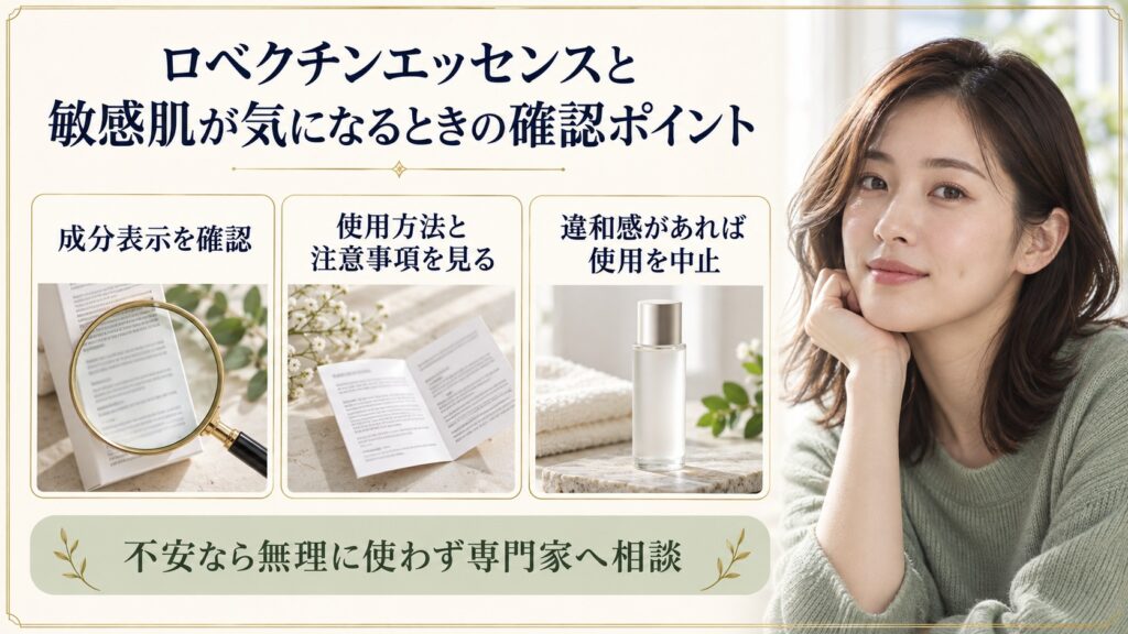 敏感肌が気になるときに成分表示、使用方法、違和感時の中止を確認するボード