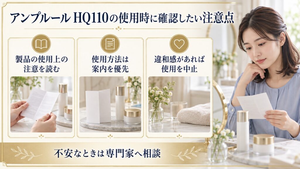 HQ110の使用前に注意書きと案内を確認し違和感時は中止するボード