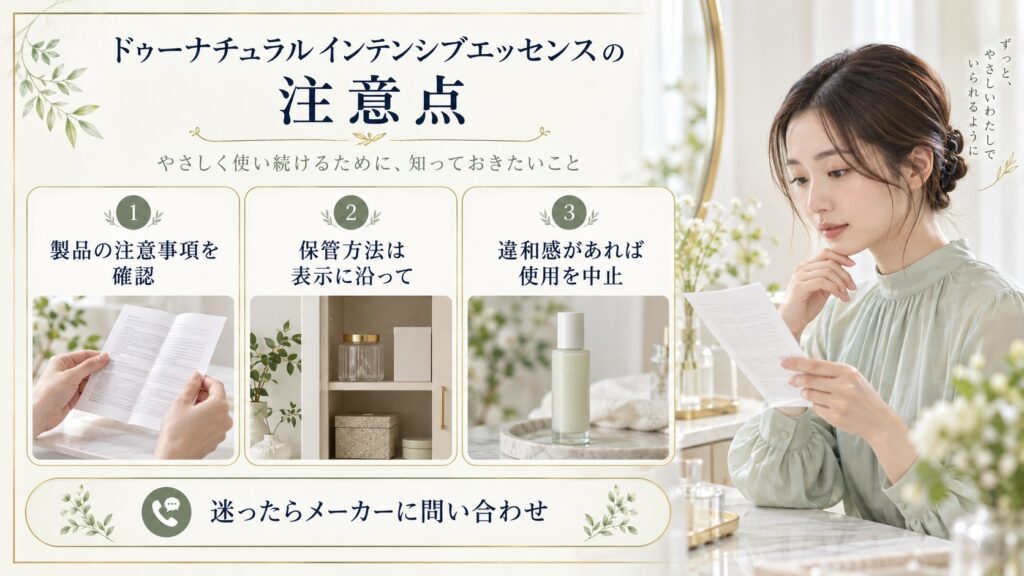 ドゥーナチュラルエッセンスの注意事項、保管案内、違和感時の中止を示すボード
