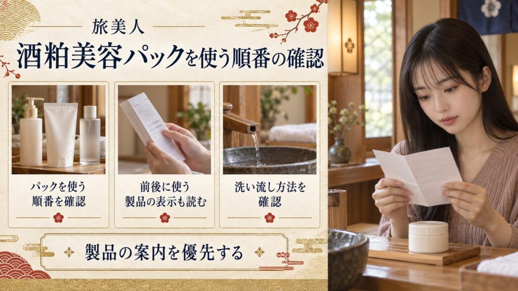 酒粕美容パックの使用順と前後製品の表示、洗い流し方法の確認を示すボード