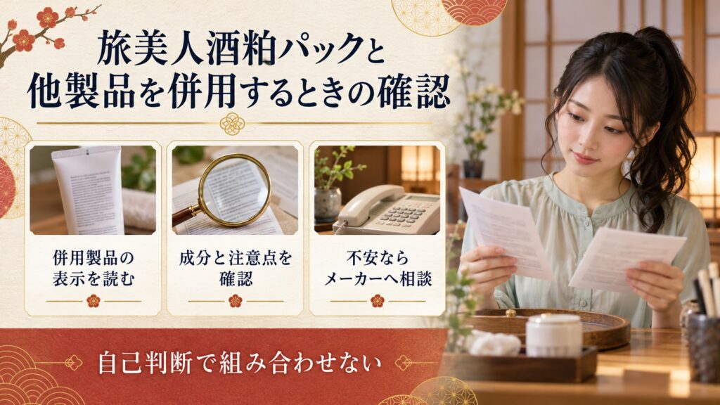酒粕美容パックと他製品を併用する際に各表示や成分注意を確認するボード