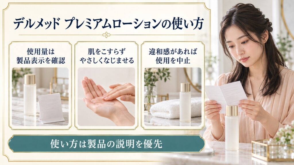 デルメッドプレミアムローションの使用量は表示で確認し肌をこすらず使う方法を案内するボード