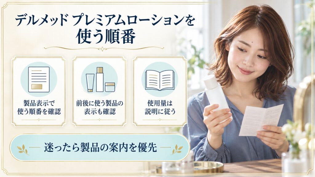 デルメッドプレミアムローションの使用順や前後製品を表示で確認するボード