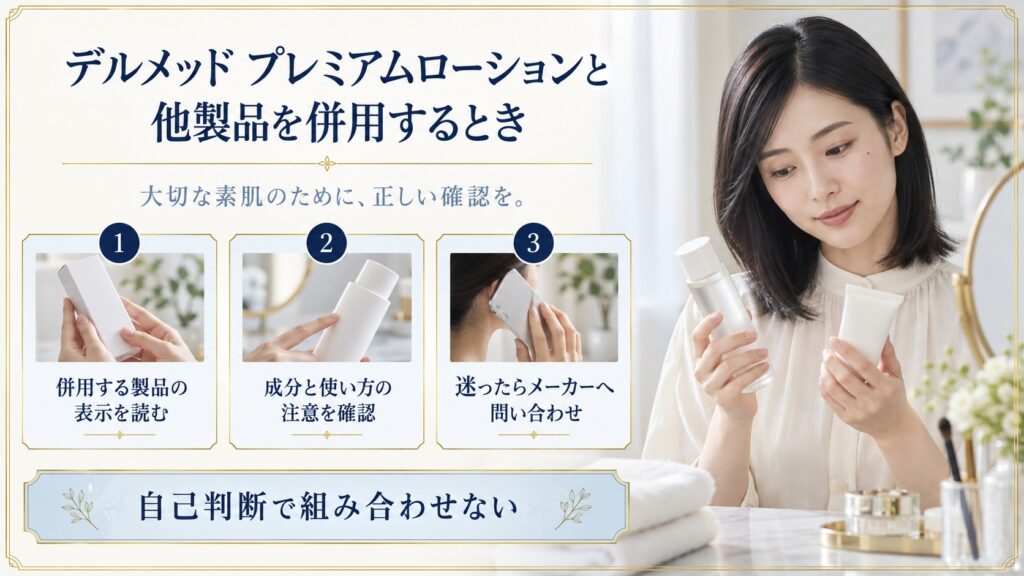 デルメッドプレミアムローションと他製品を併用するときに表示や注意点を確認するボード