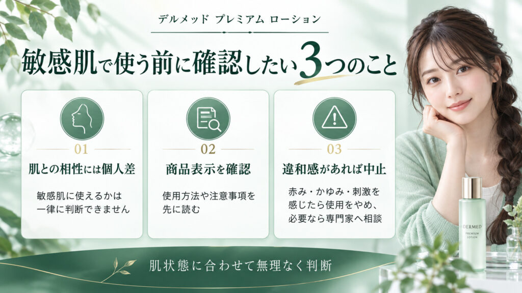 デルメッド プレミアム ローションを敏感肌で使う前に確認したい肌との相性、商品表示、違和感時の中止を伝えるボード