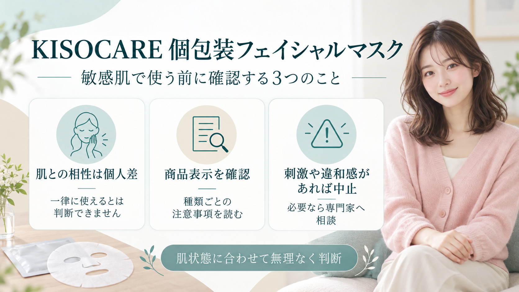 KISOCARE個包装フェイシャルマスクを敏感肌で使う前の肌との相性、商品表示、違和感時の中止を確認するボード