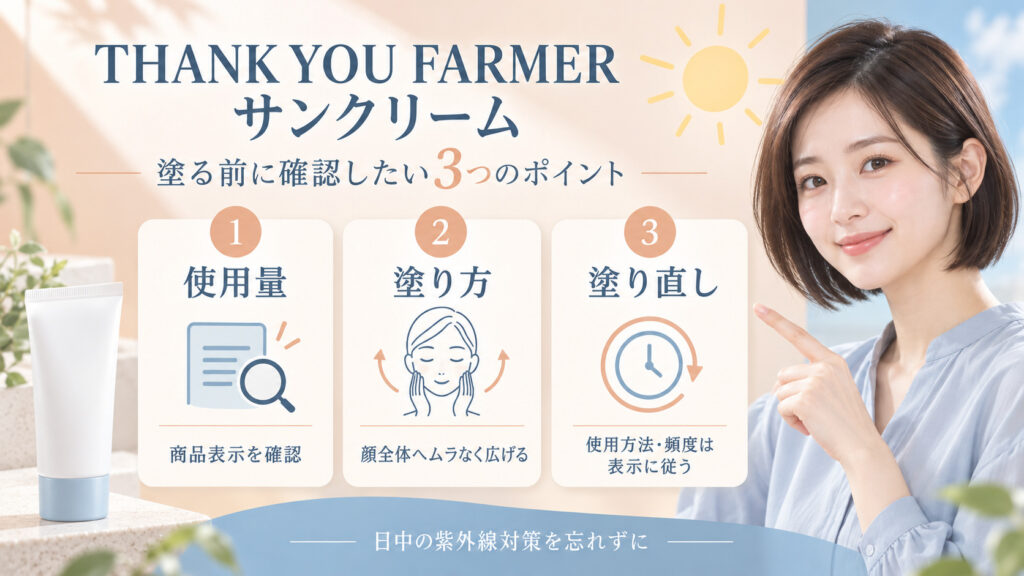 THANK YOU FARMERサンクリームを使う前に使用量、塗り方、塗り直し方法を商品表示で確認する3項目