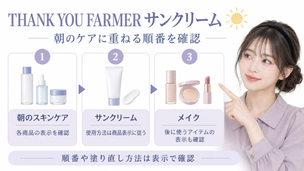 THANK YOU FARMERサンクリームを朝のケアとメイクの間に使う際、各商品の表示で順番を確認するボード