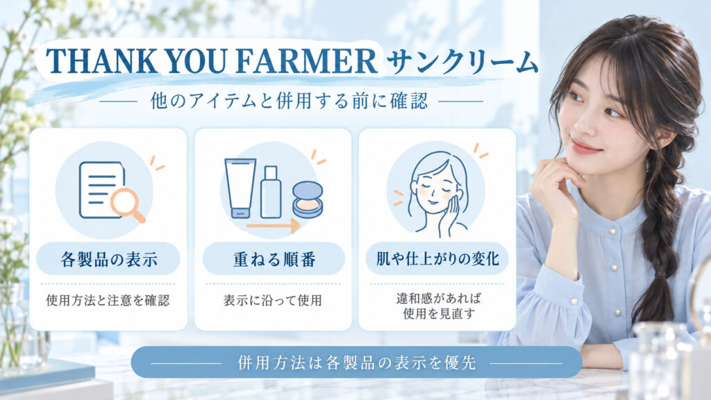THANK YOU FARMERサンクリームと他のスキンケアを併用する前に各製品の表示、使用順、肌の様子を確認するボード