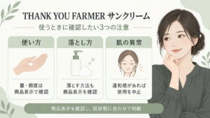 THANK YOU FARMERサンクリームの使用量・頻度、落とし方、違和感時の中止を商品表示に沿って確認するボード