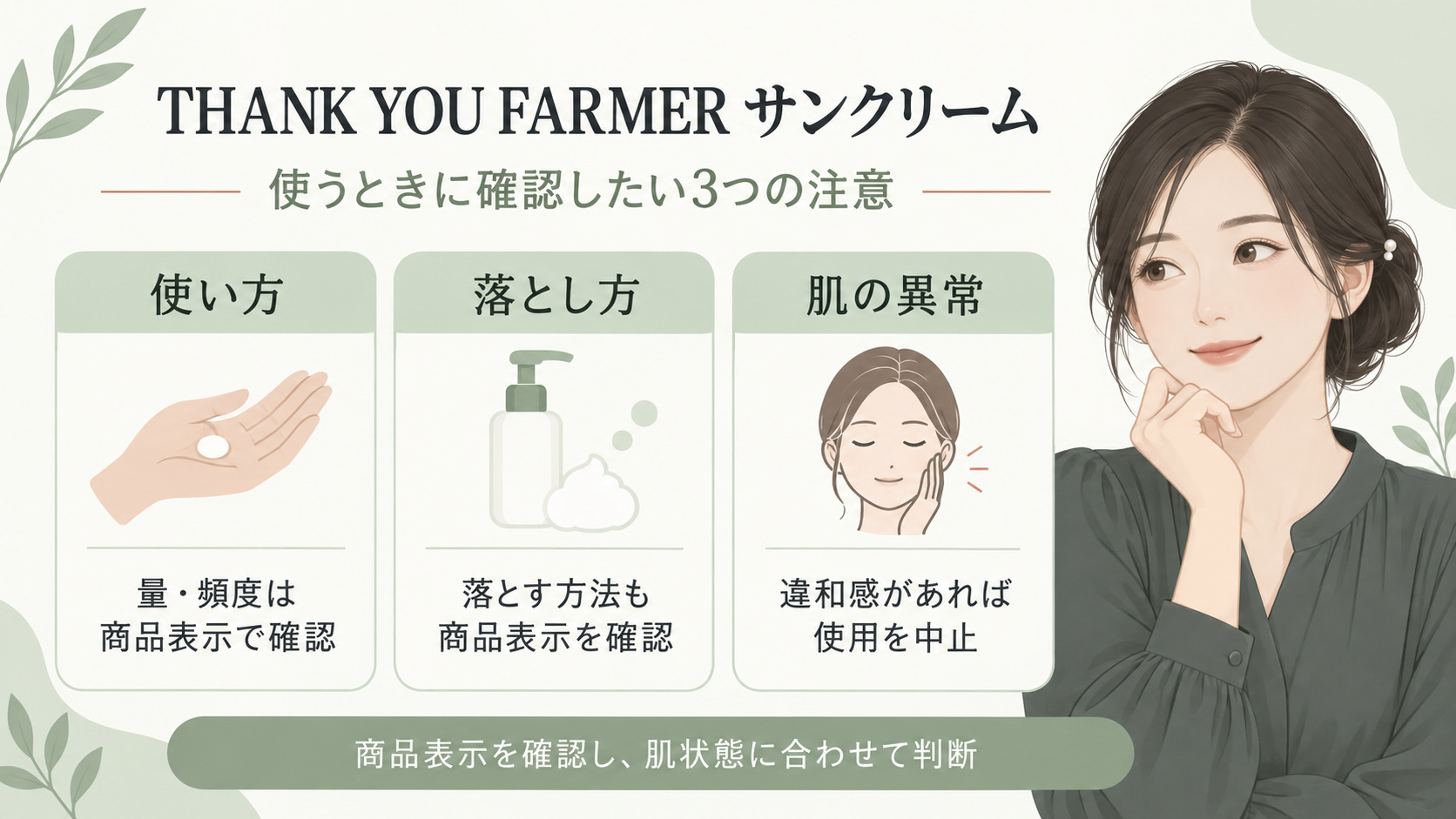 THANK YOU FARMERサンクリームの使用量・頻度、落とし方、違和感時の中止を商品表示に沿って確認するボード