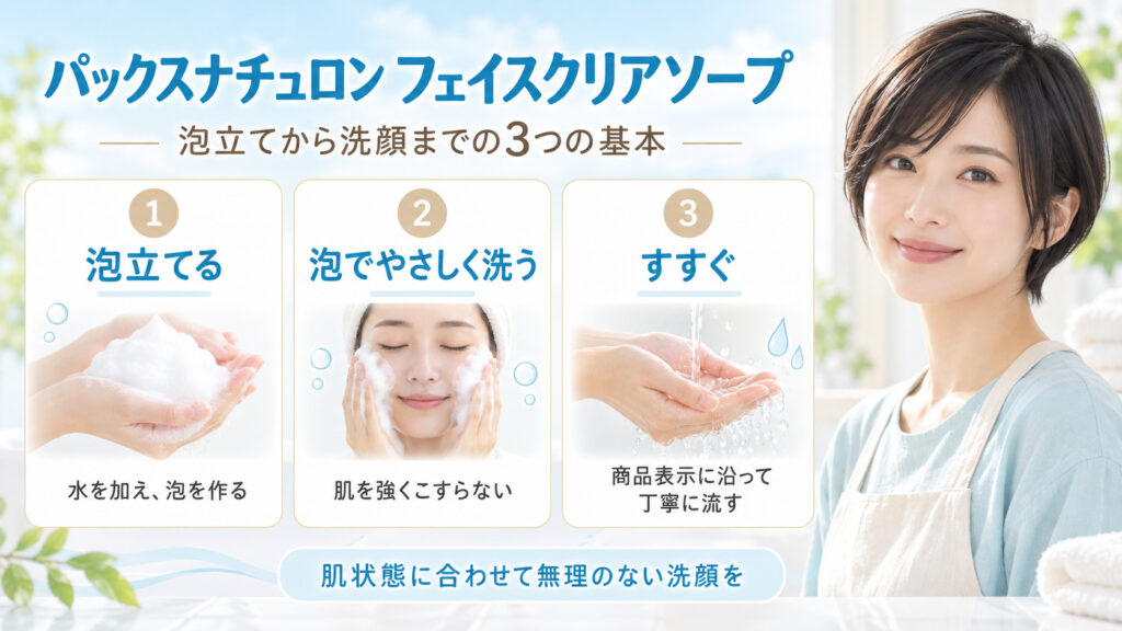 パックスナチュロン フェイスクリアソープの泡立て、泡でやさしく洗うこと、商品表示に沿ったすすぎを示すボード