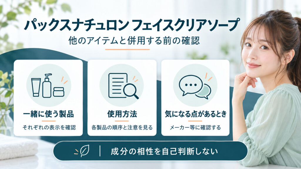 パックスナチュロンフェイスクリアソープと他のアイテムの併用前に製品表示、使用方法、問い合わせを確認するボード