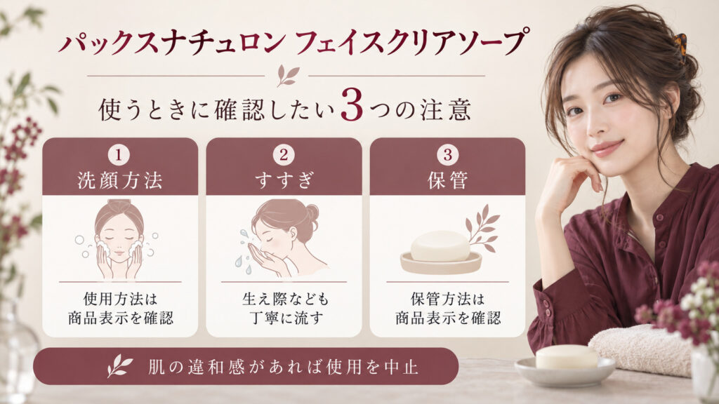 パックスナチュロンフェイスクリアソープの使用表示、すすぎ、生え際、保管表示を確認する3つの注意ボード