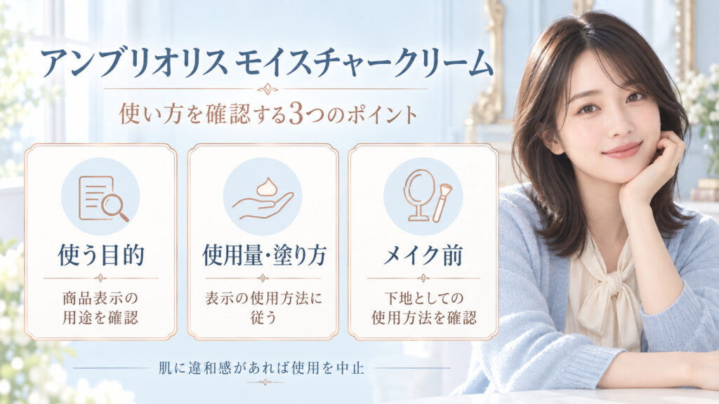 アンブリオリスモイスチャークリームの用途、使用量・塗り方、メイク下地としての使用方法を商品表示で確認するボード