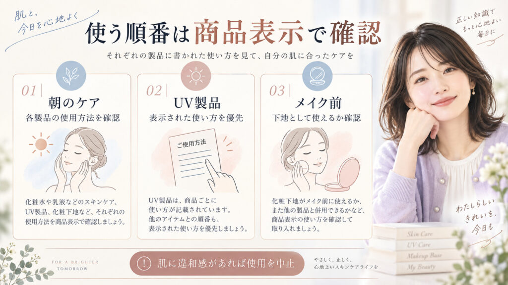 アンブリオリスモイスチャークリームとUV製品、化粧下地の使用順を商品表示で確認するボード