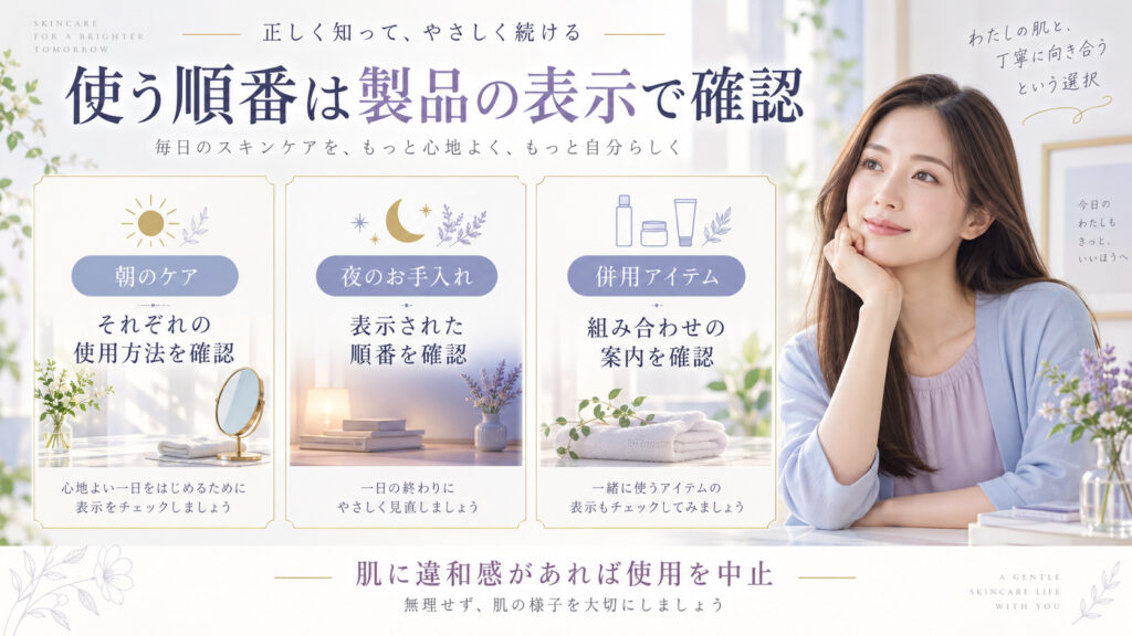 ブレンディングクリームと朝晩のスキンケア、併用アイテムの順番を各製品表示で確認するボード