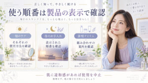 ブレンディングクリームと朝晩のスキンケア、併用アイテムの順番を各製品表示で確認するボード