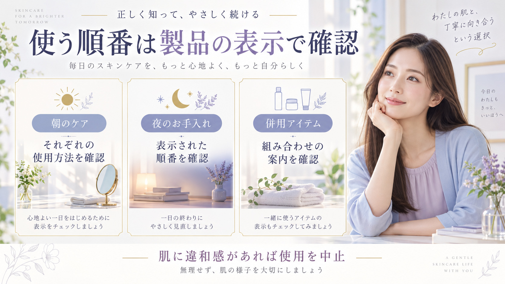ブレンディングクリームと朝晩のスキンケア、併用アイテムの順番を各製品表示で確認するボード