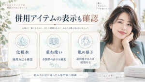 ブレンディングクリームと化粧水などの併用時に各製品の使用方法を確認するボード