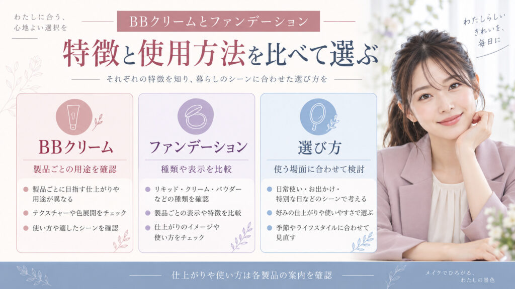 BBクリームとファンデーションの用途や種類、表示を比較して選ぶためのボード