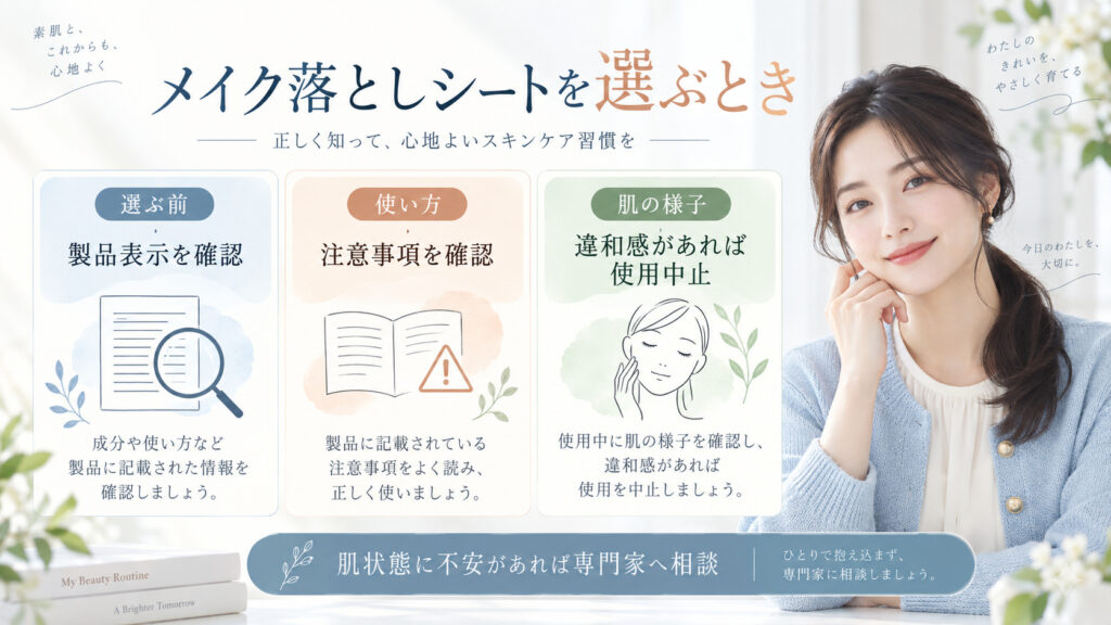 メイク落としシートを選ぶ前に製品表示と使い方、肌の様子を確かめるボード