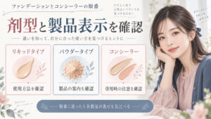 ファンデーションの剤型ごとにコンシーラーとの使い方や製品表示を確認するボード