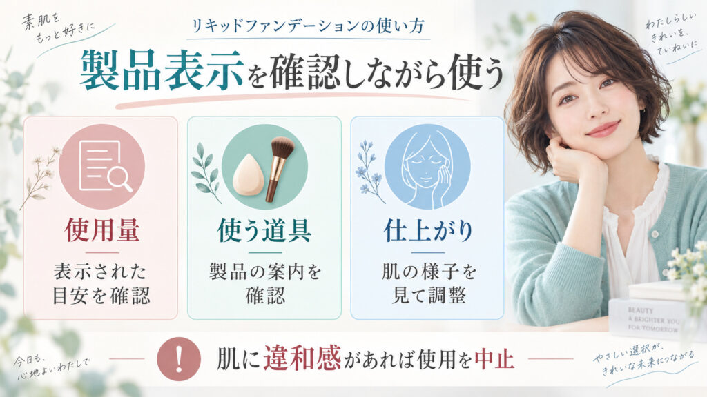 リキッドファンデーションの使用量や道具、仕上がりを商品表示を見ながら確認するボード