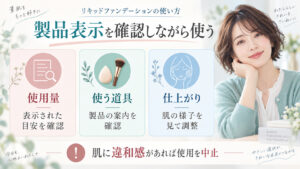 リキッドファンデーションの使用量や道具、仕上がりを商品表示を見ながら確認するボード
