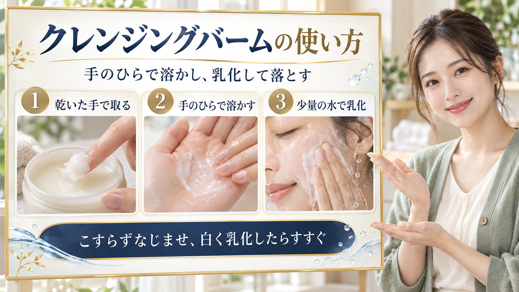 乾いた手でバームを取り、手のひらで溶かして乳化後にすすぐ流れを示した美容解説ボード