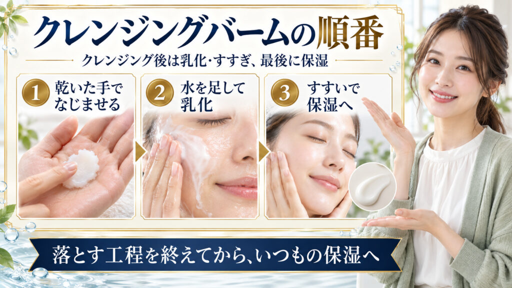 乾いた手でバームをなじませ、水を足して乳化し、すすいだ後に保湿する順番を示した美容解説ボード