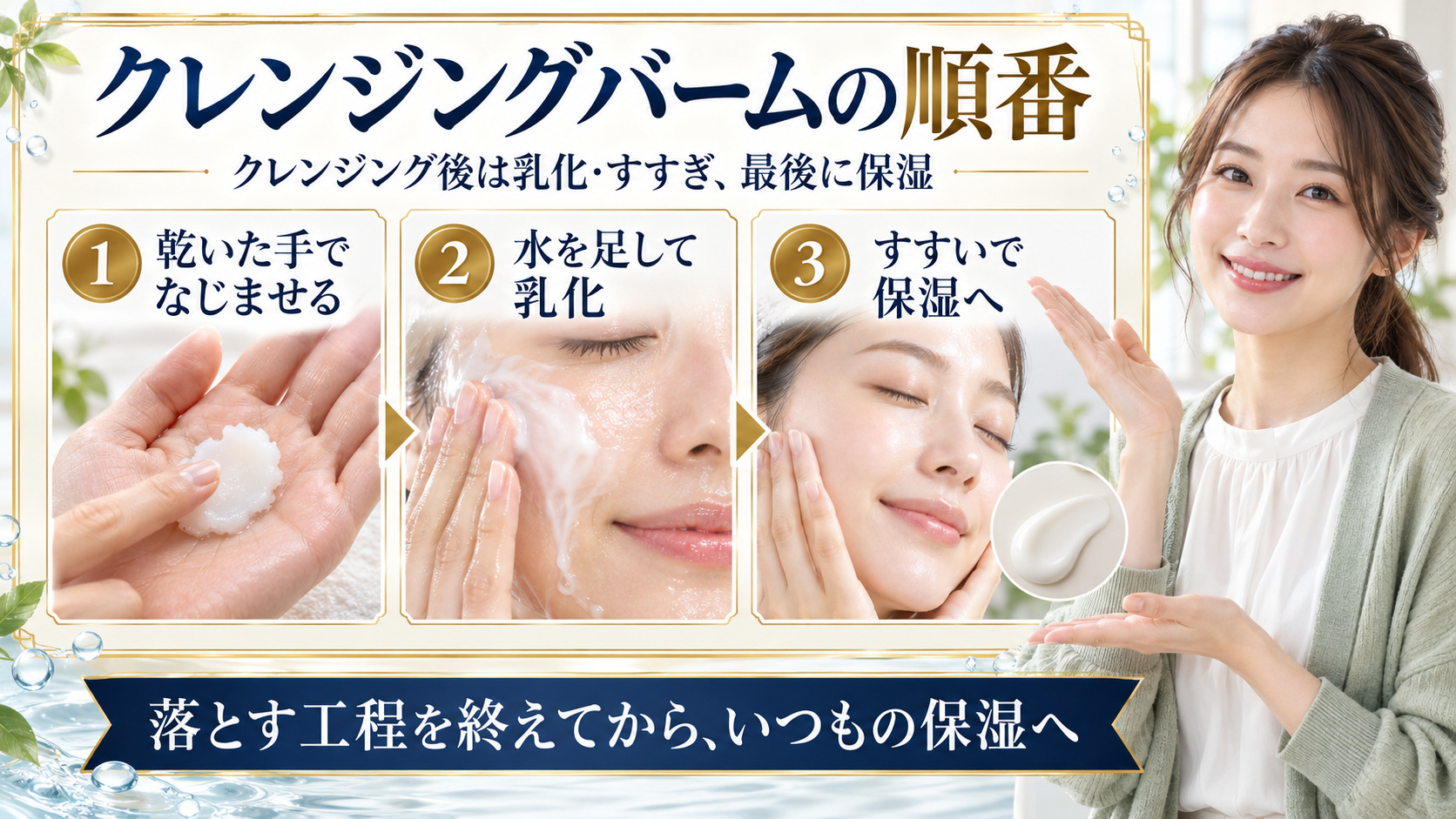 乾いた手でバームをなじませ、水を足して乳化し、すすいだ後に保湿する順番を示した美容解説ボード