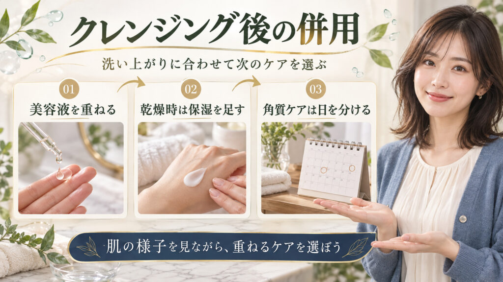 クレンジング後の美容液・保湿・角質ケアを分けて考える3つの選び方を示した美容解説ボード