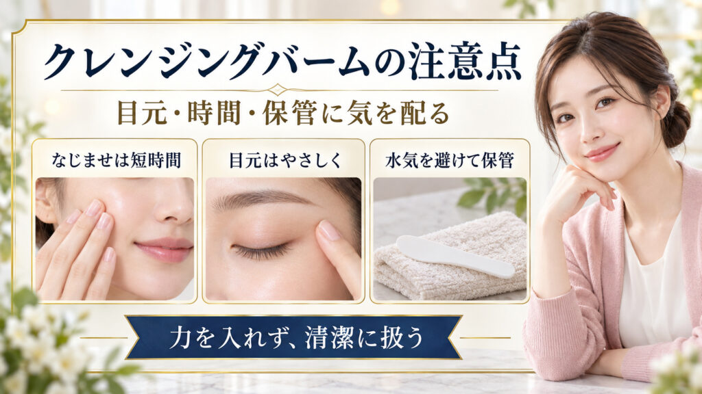 短時間でなじませる、目元をやさしく扱う、水気を避けて保管する注意点を示した美容解説ボード