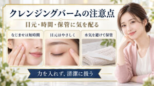 短時間でなじませる、目元をやさしく扱う、水気を避けて保管する注意点を示した美容解説ボード