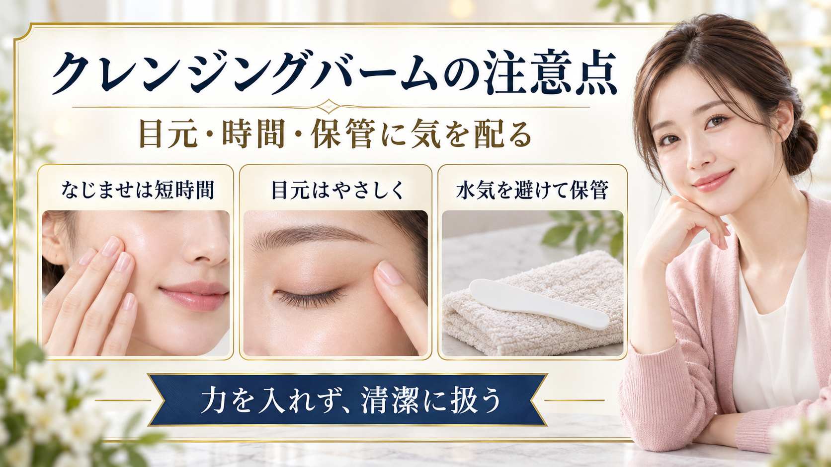 短時間でなじませる、目元をやさしく扱う、水気を避けて保管する注意点を示した美容解説ボード