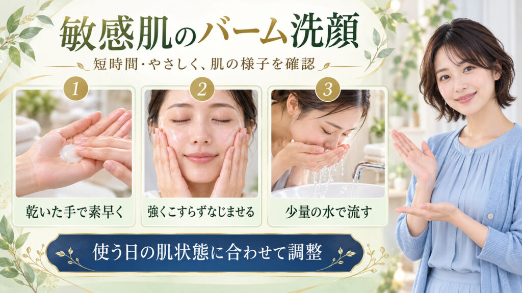 乾いた手で短時間になじませ、肌の様子を見ながら水で流すクレンジング手順を示した美容解説ボード
