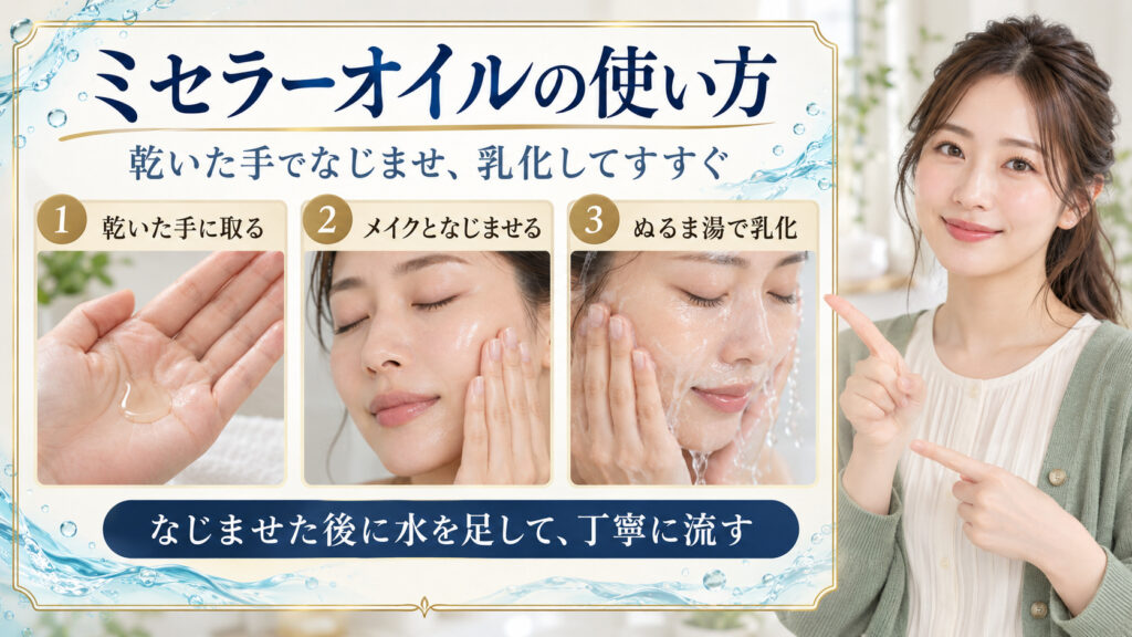 乾いた手でオイルを取り、メイクとなじませてからぬるま湯で乳化する流れを示した美容解説ボード