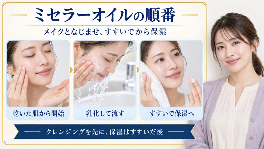 乾いた肌からクレンジングし、乳化して流した後に保湿へ進む順番を示した美容解説ボード