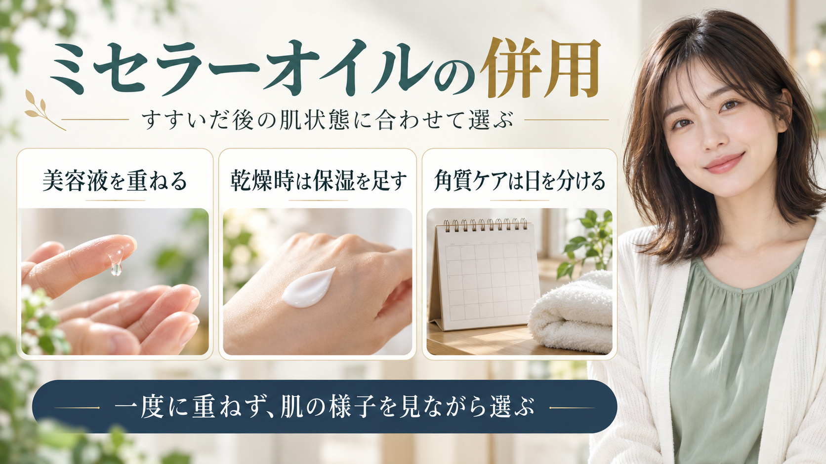 クレンジング後の美容液、保湿、角質ケアを日を分けて考える選択肢を示した美容解説ボード