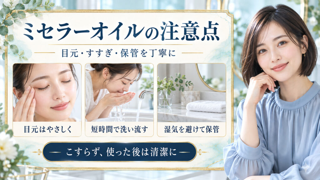 目元をやさしく扱い短時間ですすぎ、湿気を避けて保管する注意点を示した美容解説ボード