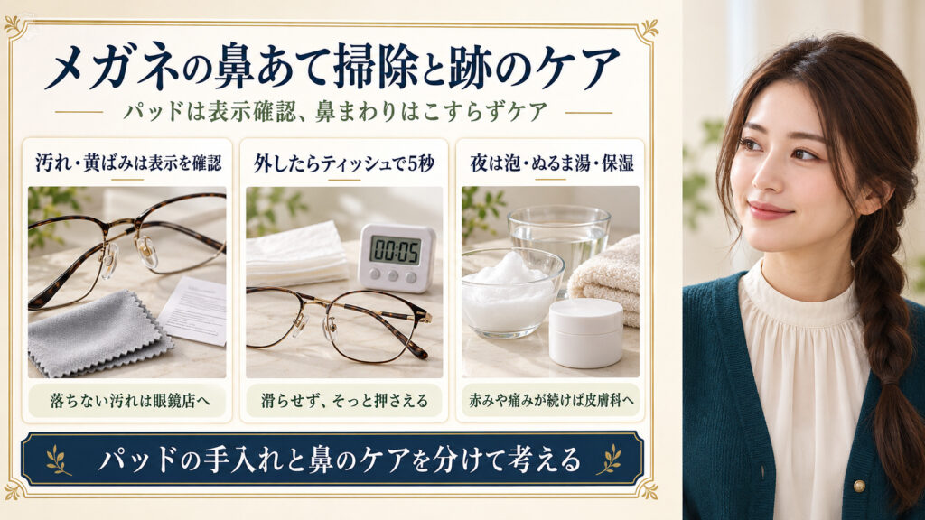 メガネの鼻あての汚れ・黄ばみの表示確認と、鼻まわりをこすらずケアする手順。外したらティッシュで5秒押さえ、夜は泡とぬるま湯で洗って保湿する