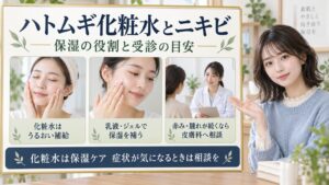 ハトムギ化粧水はニキビ対策になる？保湿の役割と受診の目安を分けて確認を図解したアイキャッチ画像