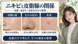 ニキビの皮脂腺をなくせば出なくなる？皮脂・詰まり・炎症を分けて考えるを図解したアイキャッチ画像