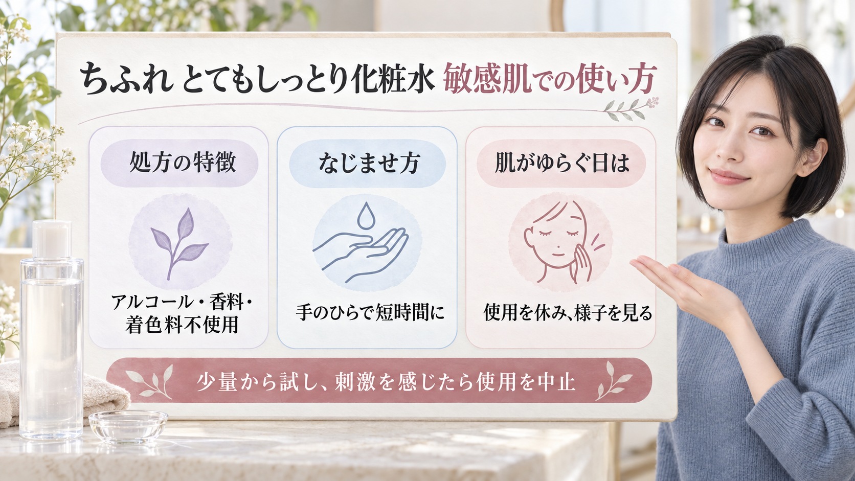 ちふれ 保湿化粧水 とてもしっとりは敏感肌でも使える?ノンアルコール・高保水の特徴を図解したアイキャッチ画像